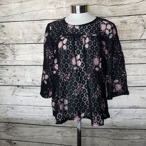 LOFT Black Pink Floral 3/4 Sleeve Open Knit Top Shirt Size Small.Pit to pit ap
